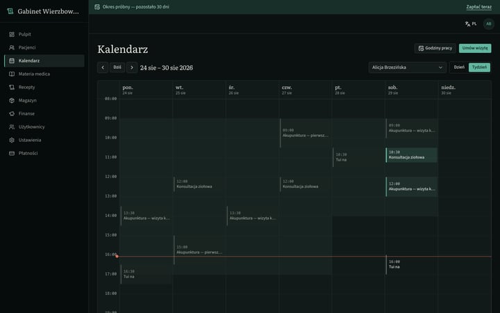 Kalendarz tygodnia, z godzinami pracy każdego terapeuty