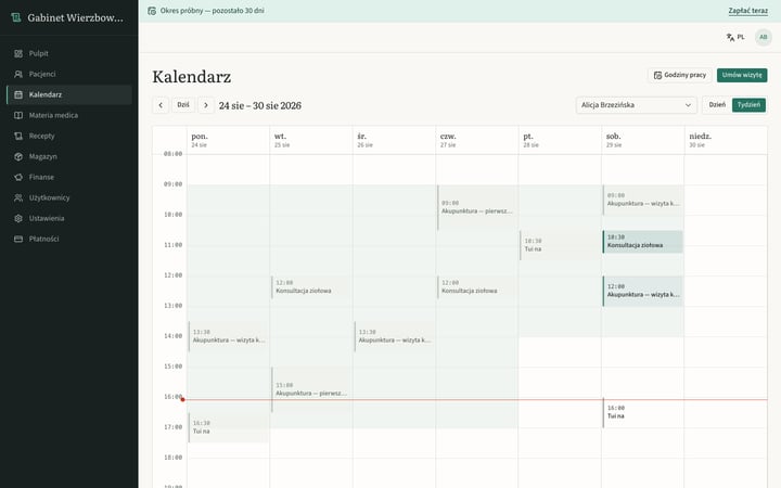 Kalendarz tygodnia, z godzinami pracy każdego terapeuty