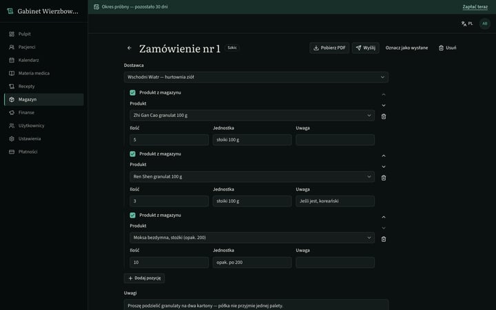 Zamówienie do dostawcy, gotowe do wysłania
