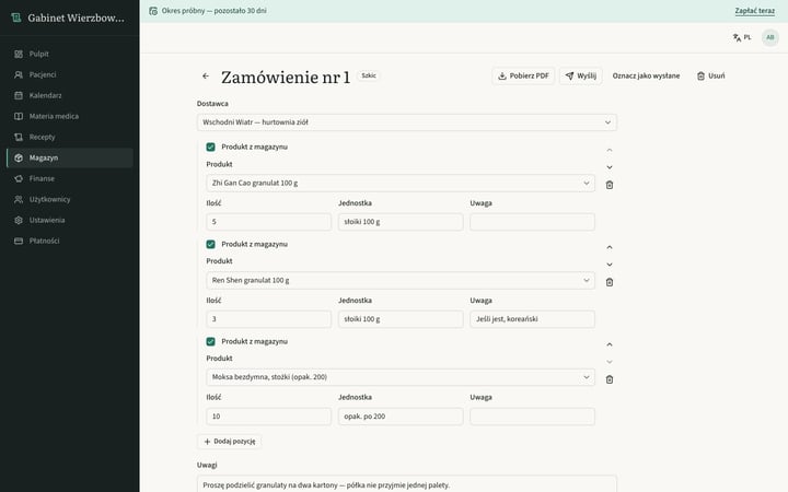 Zamówienie do dostawcy, gotowe do wysłania